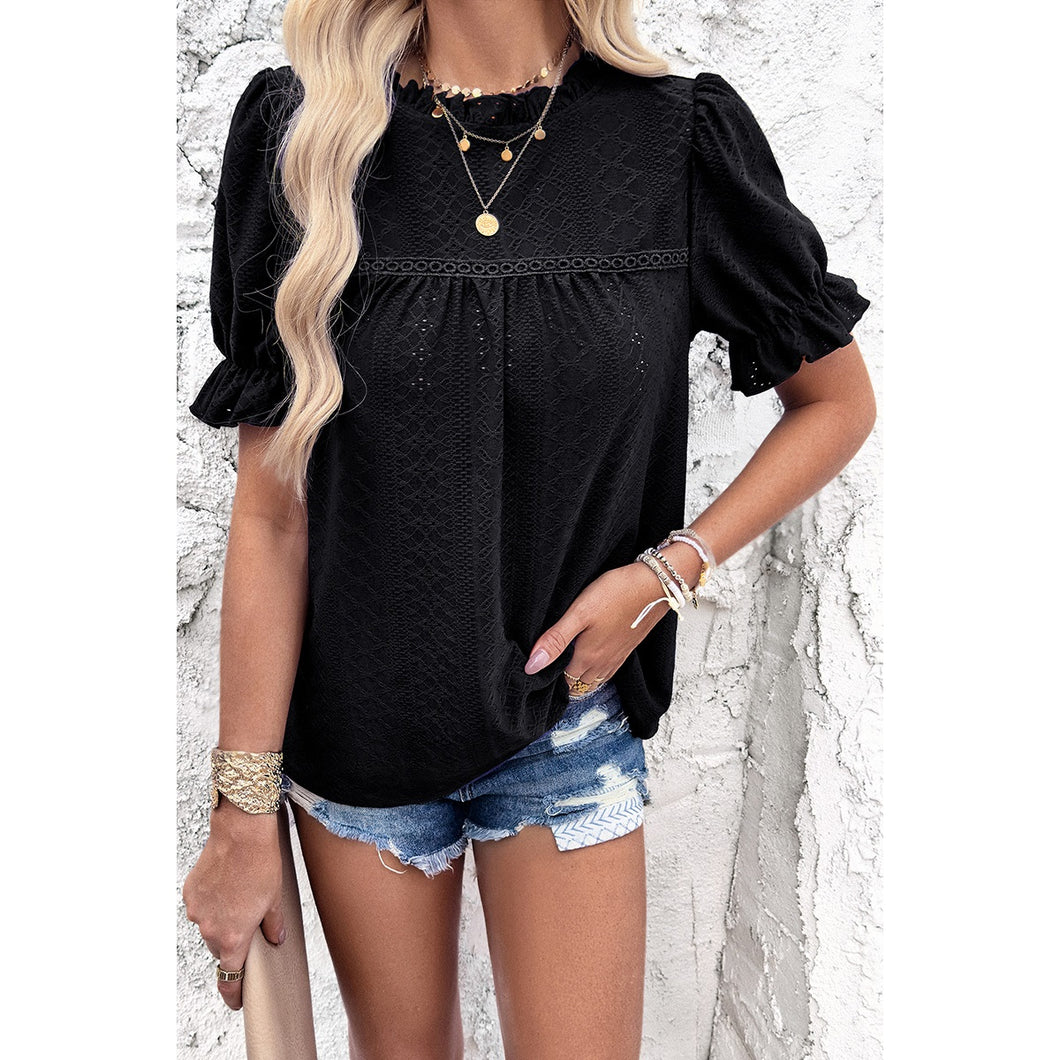 Round Neck Embroidery Ruffle Sleeve Loose Fit Shirts