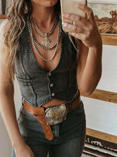 Hottie Sleeveless Single-Breasted V-Neck Demin Tank Top