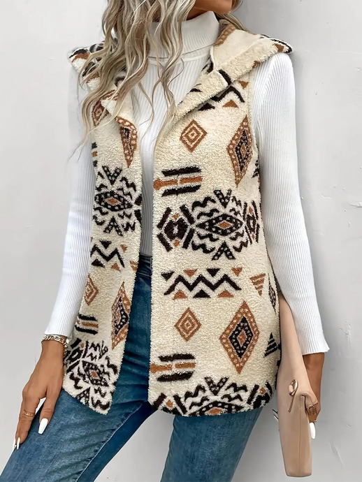 Aztec Geometry Print Plush Hooded Vest
