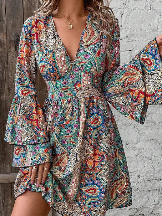 Floral Printed Flare Sleeves V Neck Dress