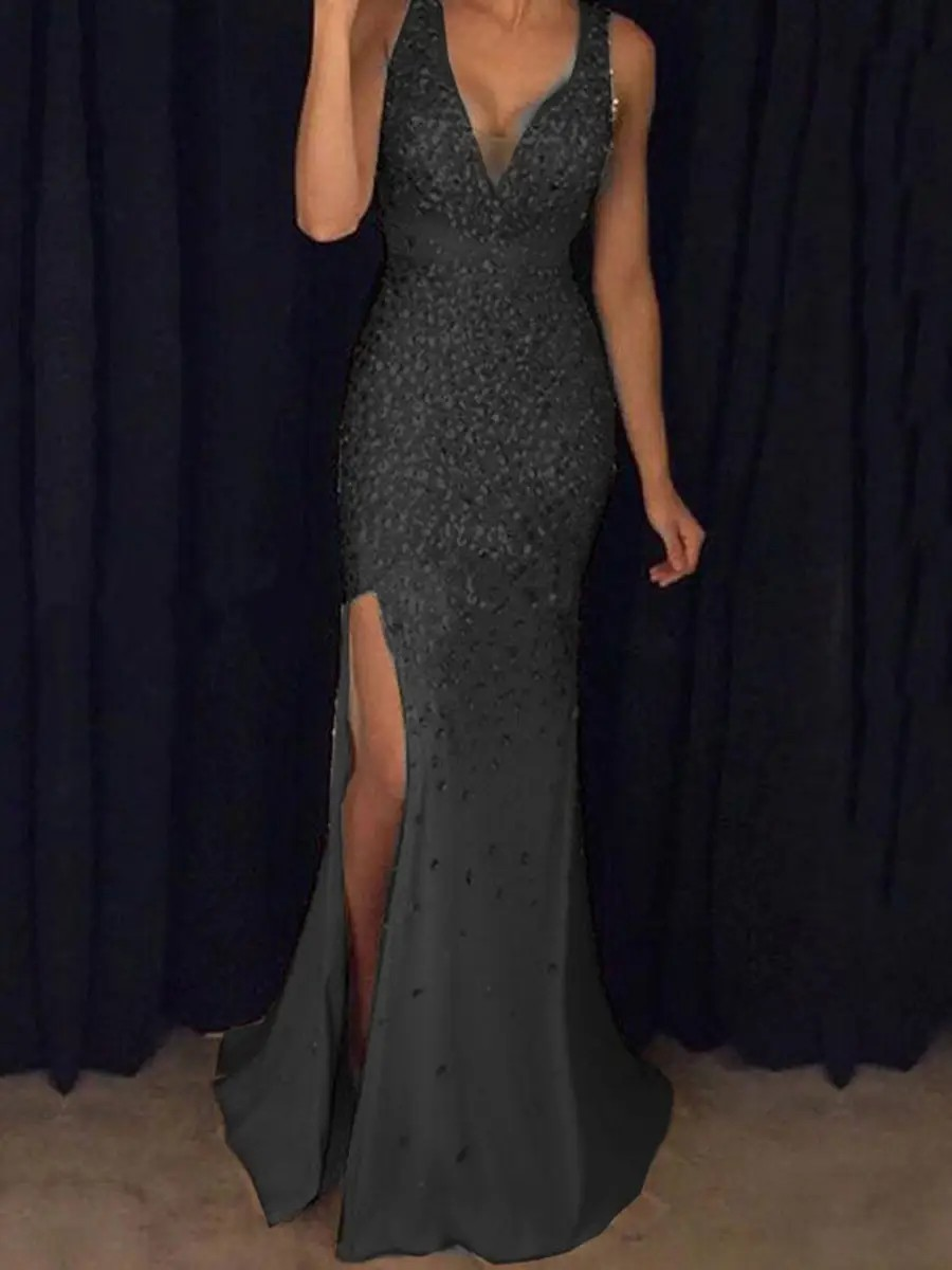 Halter V-Neck Slit Evening Gown
