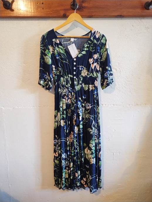 Dark Blue V-Neck Floral Dress with Buttons and Tassels