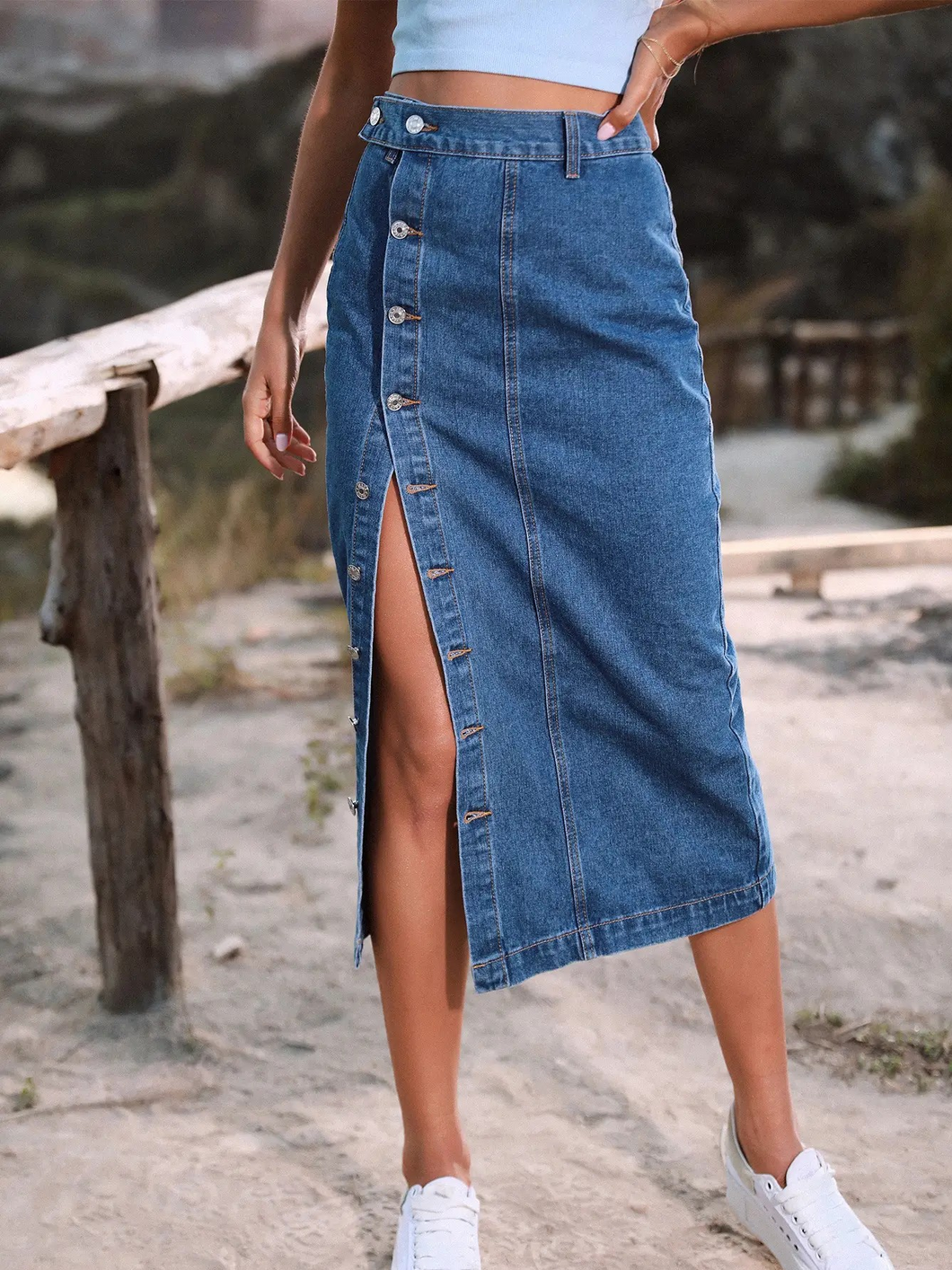 Slit Denim High-Waisted Maxi Skirt
