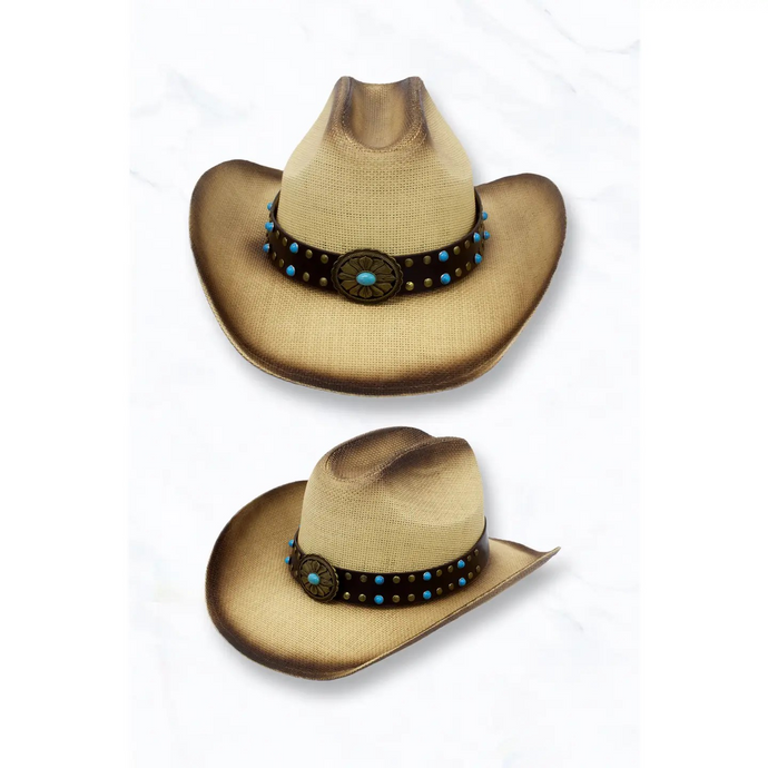 Woven Cowboy Hat with Turquoise Studded Belt