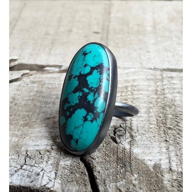 Large Elongated Oval Tibetan Turquoise Sterling Silver Statement Ring