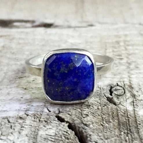 Cushion Cut Lapis Lazuli Sterling Silver Solitaire Ring