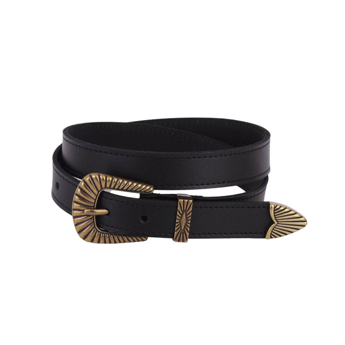 Bohemian Brass Buckle Leather Belt Set: Black / L