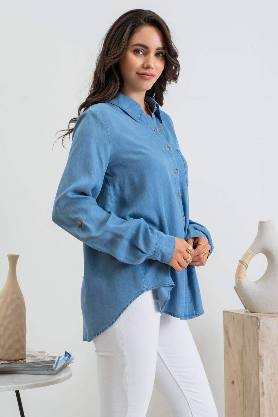 Button Down Chambray Long Sleeve Top